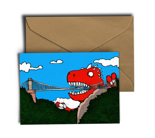 Dinosaur vs Bristol Suspension Bridge - Bristol Landmark - Greeting Card - Free UK Postage