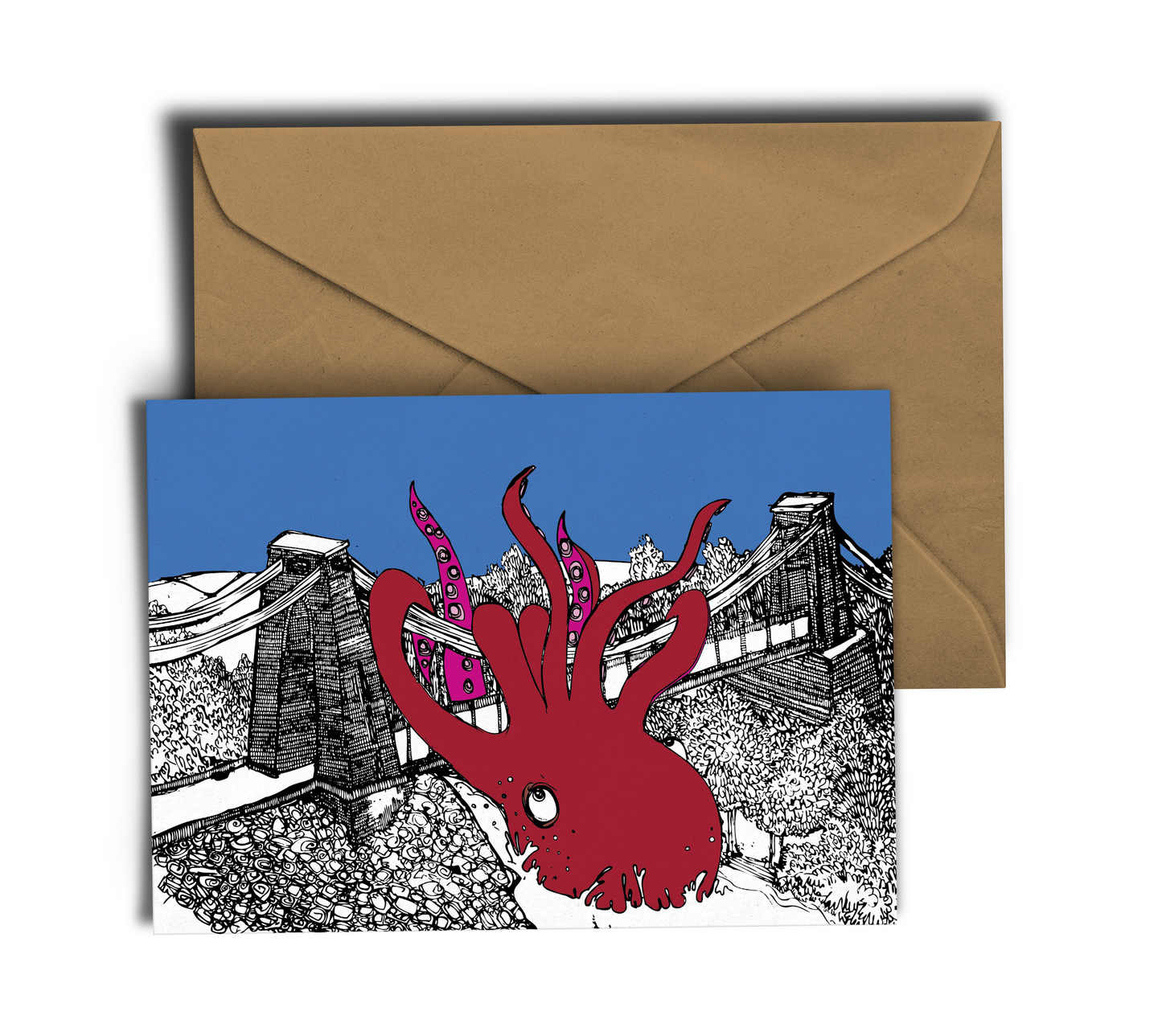 Octopus vs Bristol Suspension Bridge - Bristol Landmark - Greeting Card - Free UK Postage