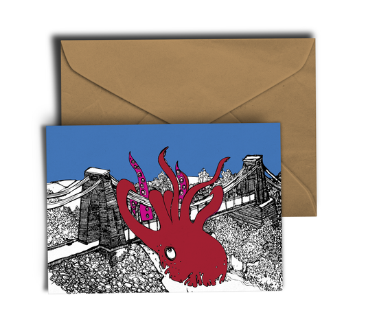 Octopus vs Bristol Suspension Bridge - Bristol Landmark - Greeting Card - Free UK Postage
